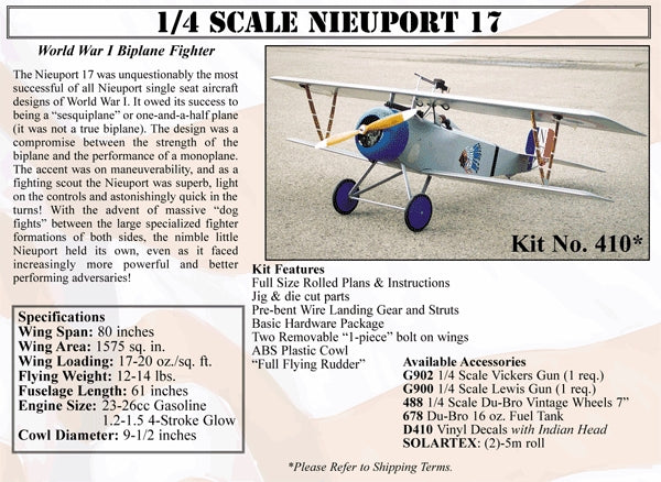 Balsa Usa 1/4 Nieuport 17 2032mm WS 120/150 4C 20-25cc gas 5.9Kg  4Ch