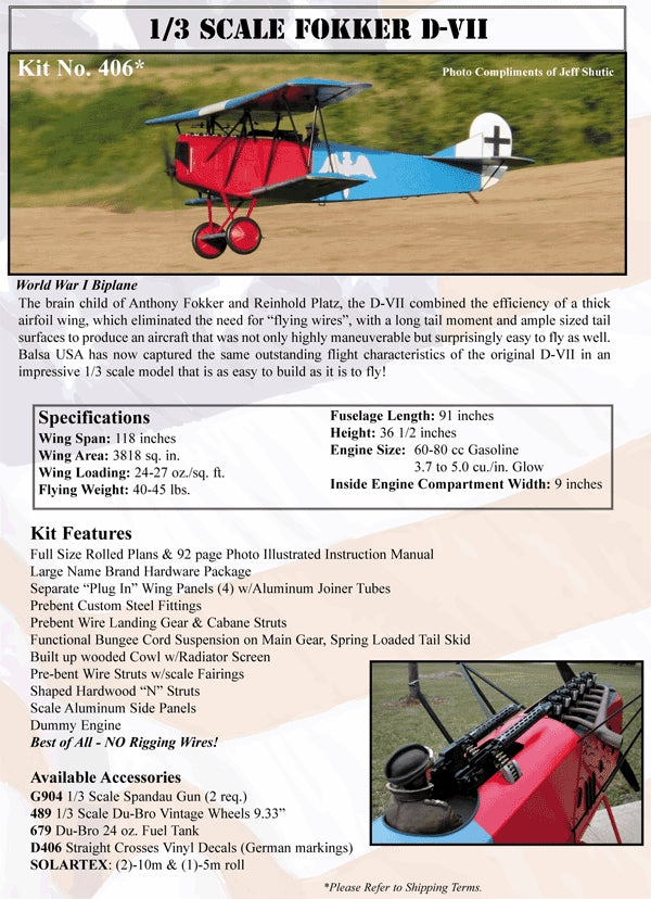 Balsa Usa 1/3 Fokker D-V11 Kit 118Sp.50-80Cc