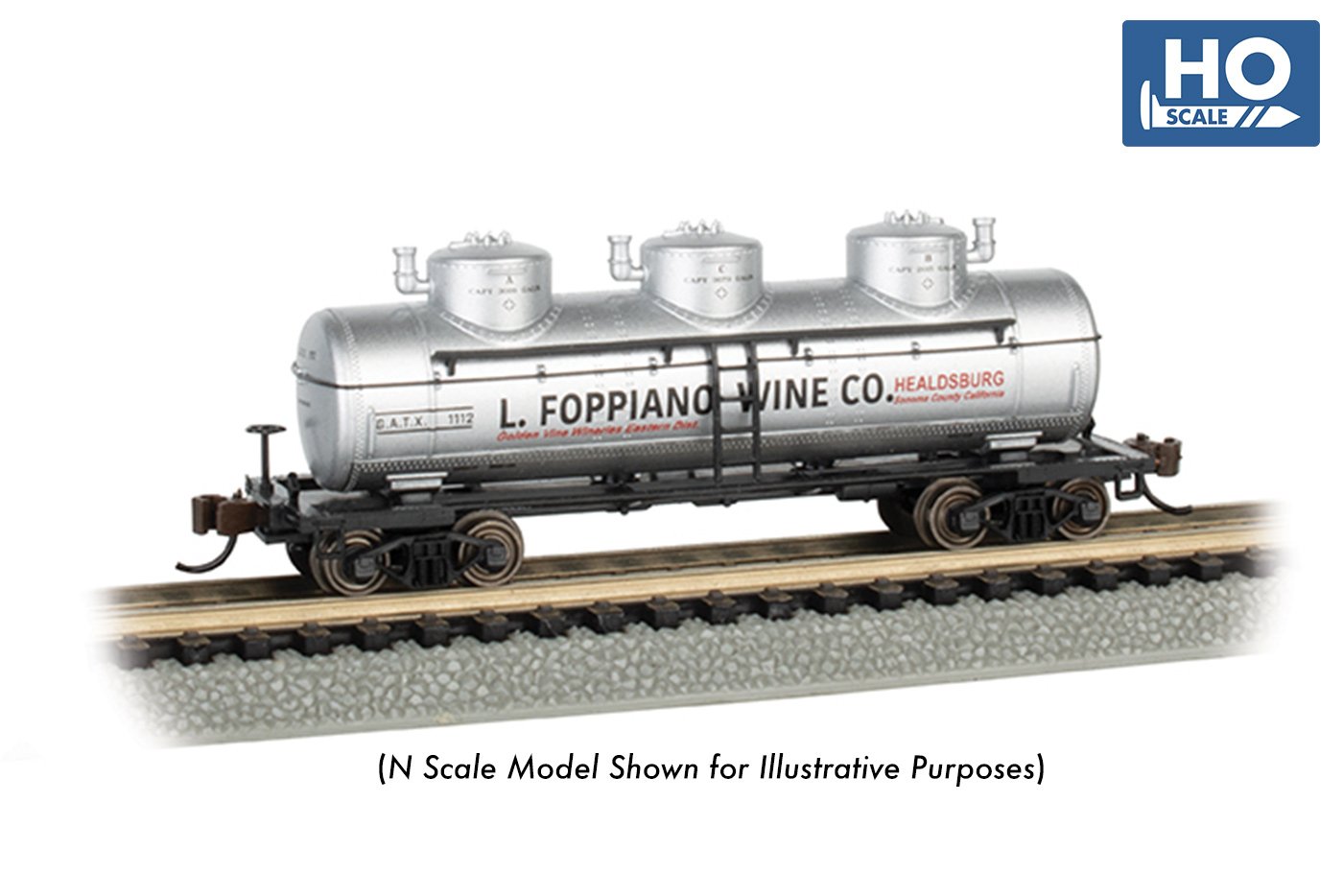 Bachmann L. Foppiano Wine Co. #1112 40ft3 Dome Tank Car. HO Scale